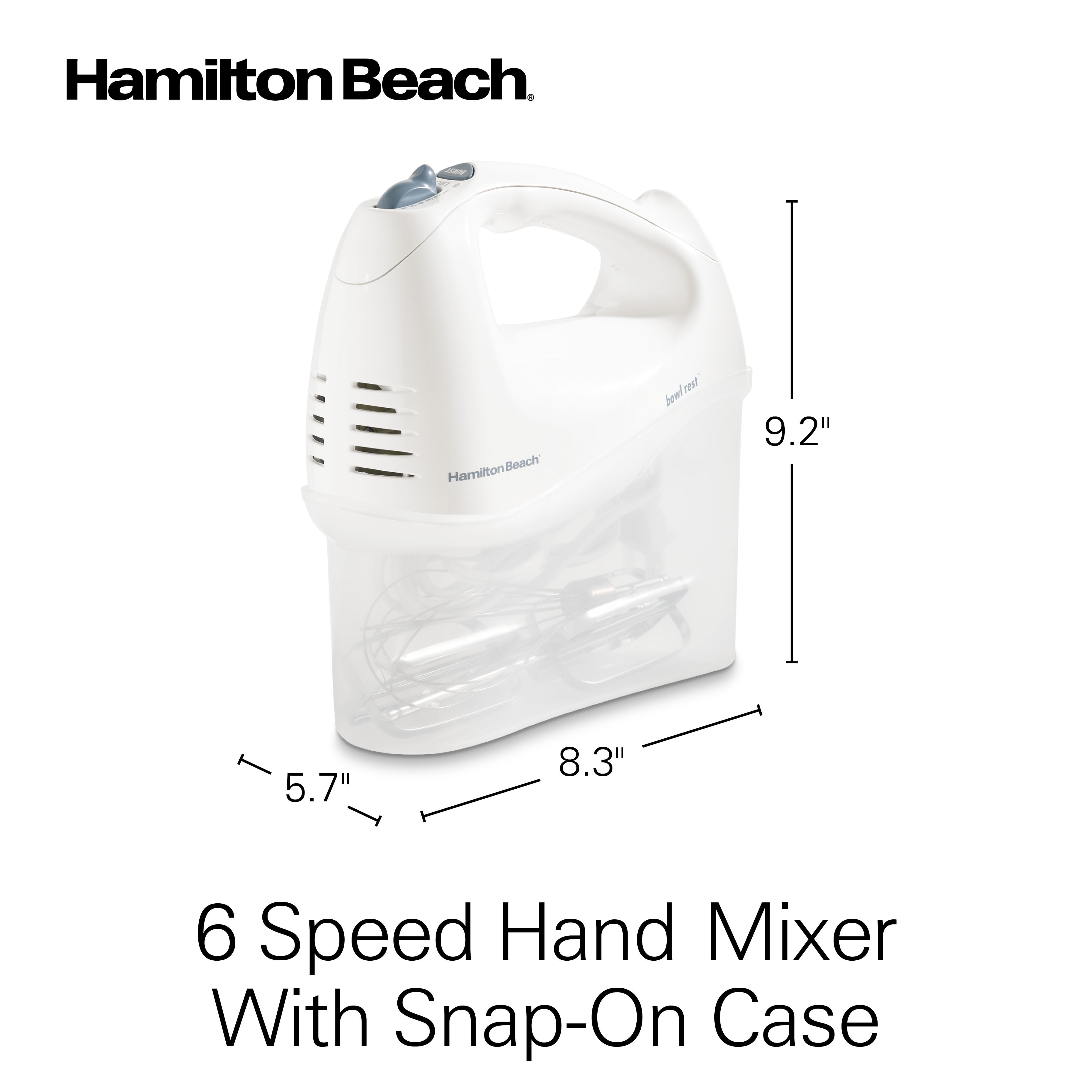 Hamilton Beach 6 Speed Electric Hand Mixer with Whisk, Traditional Beaters,  Snap-On Case, 250 Watts, White, 62682 