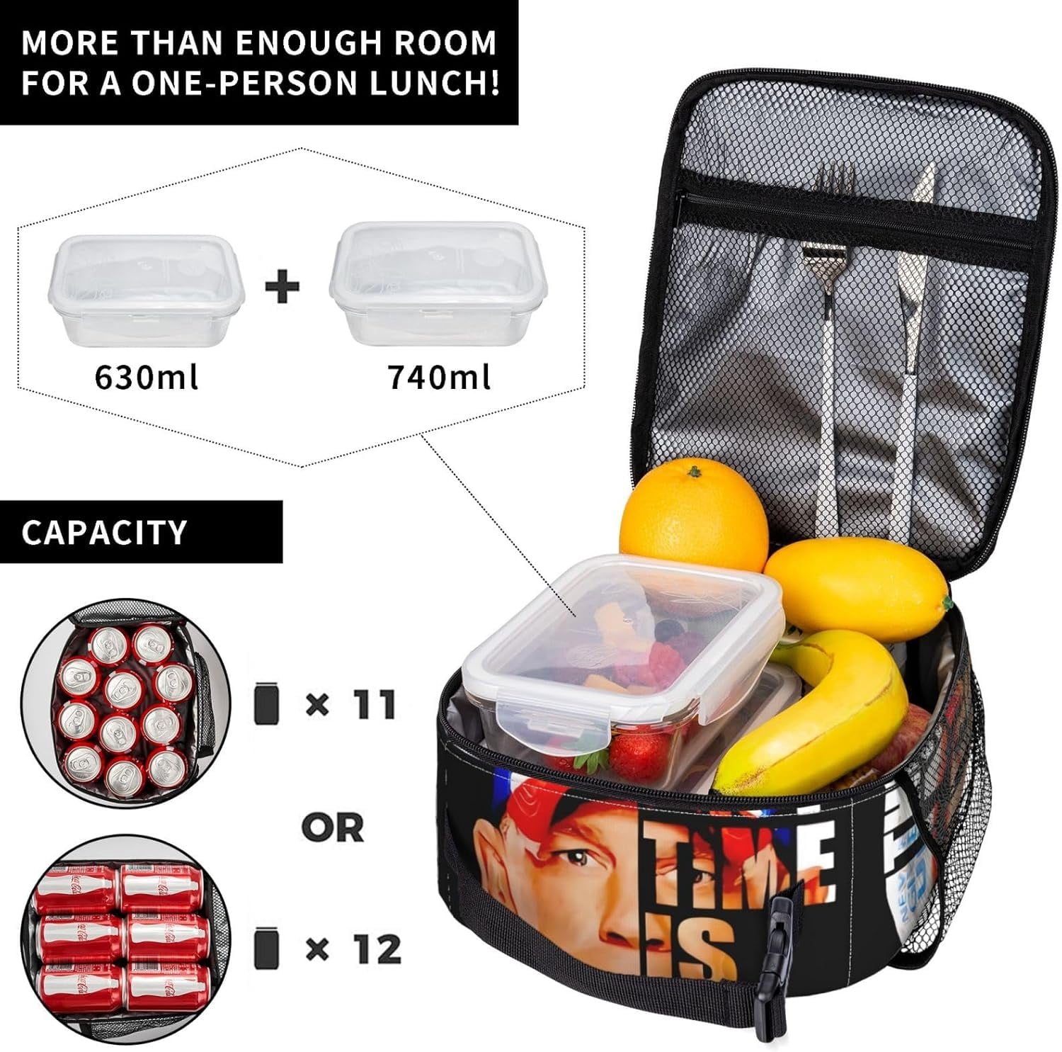 John Boxer Cena Lunch Bag Portable Insulated Lunch Box Large Capacity Tote Bag Zipper Net Pocket 10 L X 4 W X 8 H inches for School Work Camping Travel Black