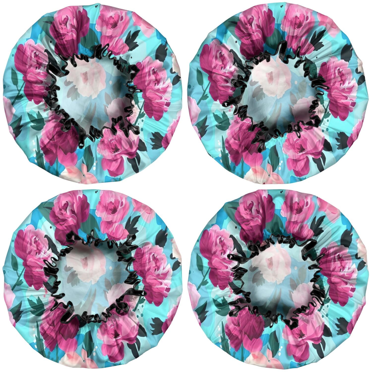 Shower Caps,Pioneer Flower Floral Print Pattern Waterproof Shower Cap for Women 4 Pieces,Double Reusable Hair Cover for Shower PEVA Elastic Stretch Hem