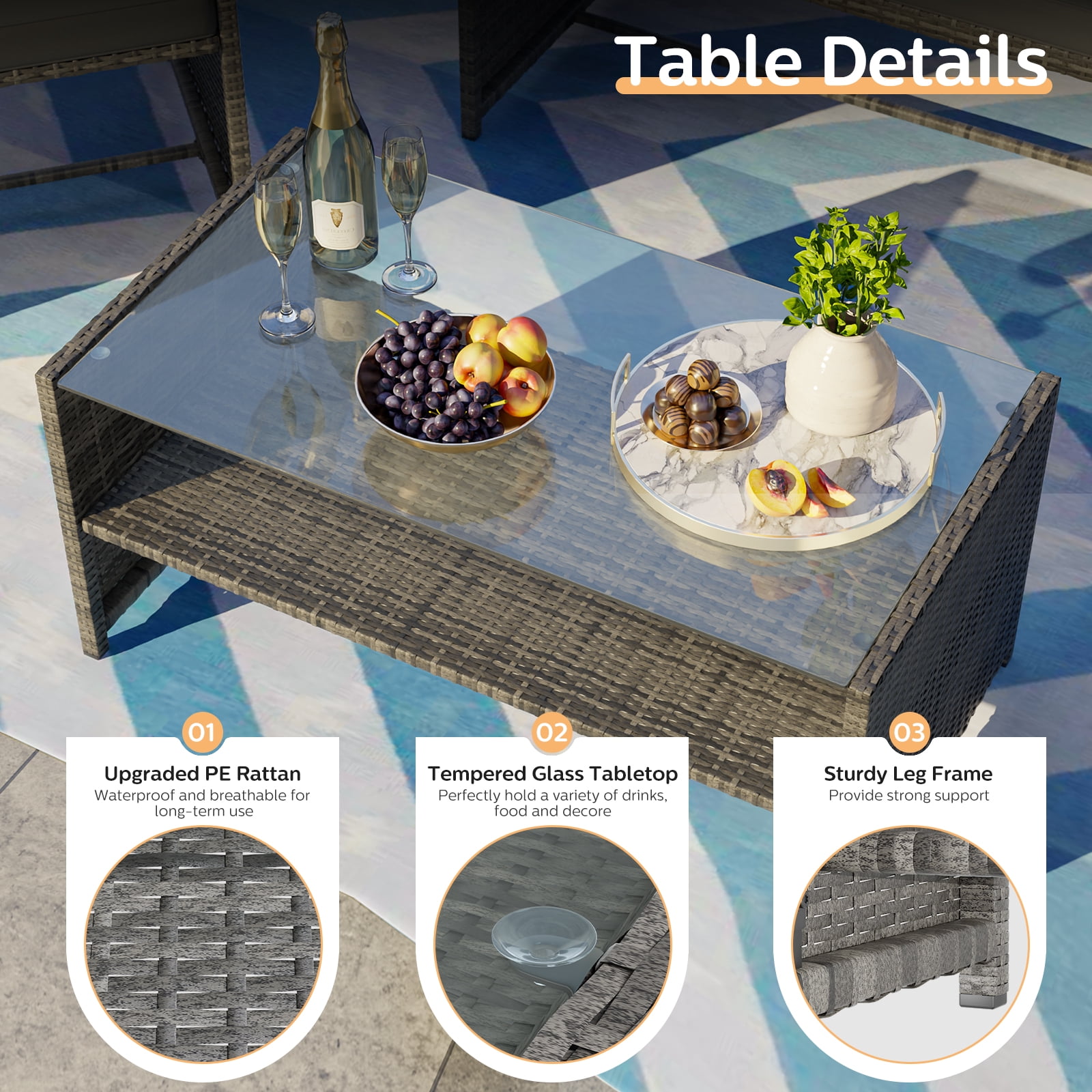 ELPOSUN 4-Piece Rattan Wicker Patio Furniture Set with Cushions and Tempered Glass Tabletop, Patio Conversation sets Gray