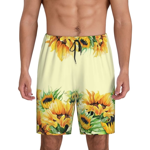 Fotbe Sunflowers On A Yellow Background Pantalones Cortos de Pijama para Hombre, Ropa de Dormir, Pantalones de Pijama Cortos para Hombre-Small