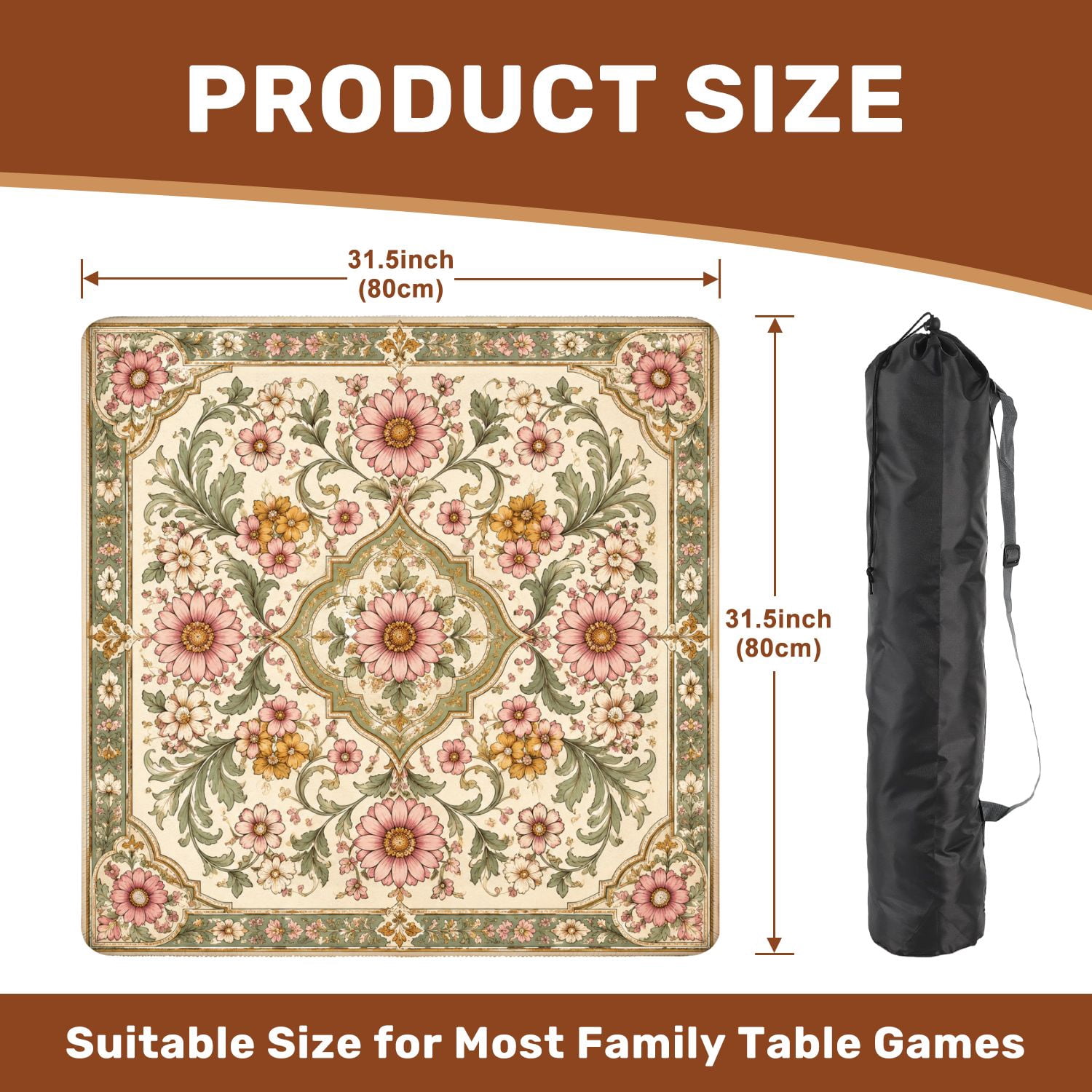 Mahjong Mat 31.5" x 31.5" Floral Ornamental Birds Foliage Soft Pastels Non-Slip Noise Reduction Mahjong Tiles Table Cover for Dominoes Poker Card Board and Tile Games