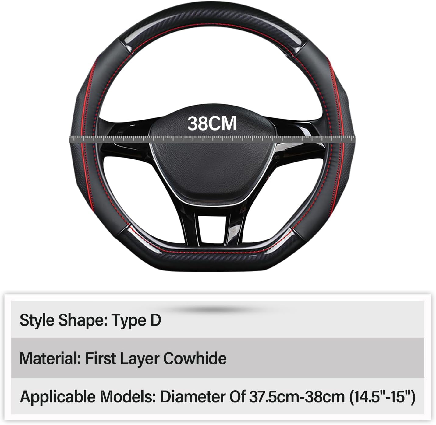 D-Shape Car Steering Wheel Cover Non-Slip Car Steering Wheel Protector Universal for Diameter 38cm, Black