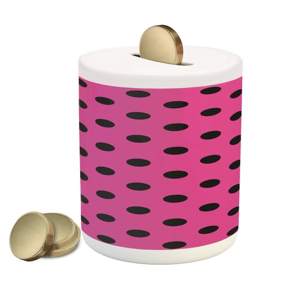 Hot Pink Piggy Bank, Pop Art Inspired Design Retro Pattern of Black Polka Dots Classical Spotted, Ceramic Coin Bank Money Box for Cash Saving, 3.6" X 3.2", Hot Pink Black, by Ambesonne