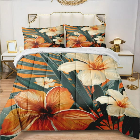 Hawaiian Flowers Palm Leaves Orange Flowers (181) Comforter Set Bedding Set Duvet Set Set 3pcs Twin Size