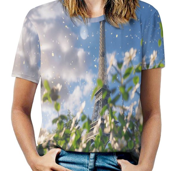 Blossoming Paris Eiffel Tower T Shirts Basic T-Shirt Short Sleeve Ladies Tee Shirt Summer Graphic Clothing