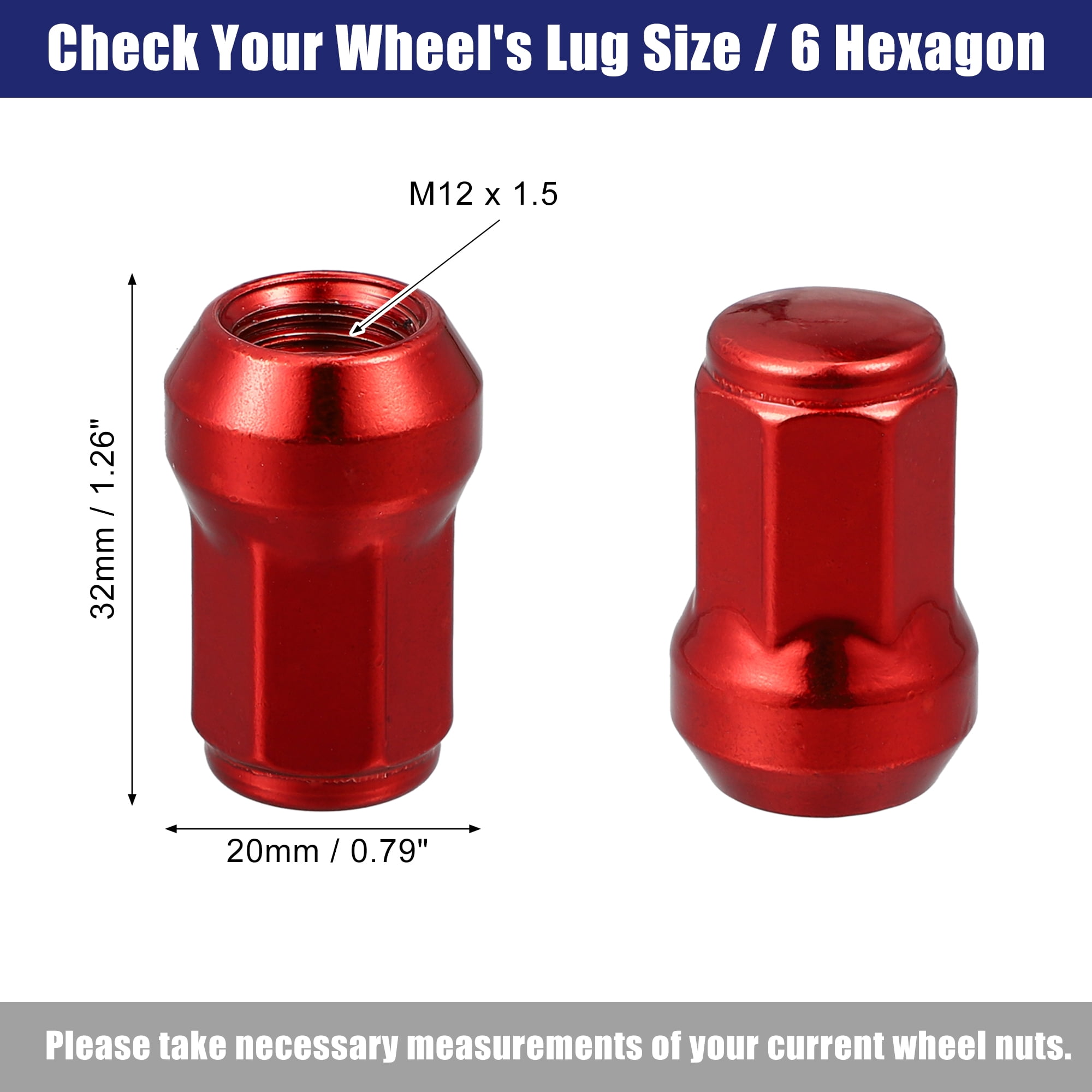Unique Bargains 1 Set M12 x 1.5 Car Lug Nuts Cone Seat Closed End Bulge Acorn Hex Wheel Nut with Socket Key Red