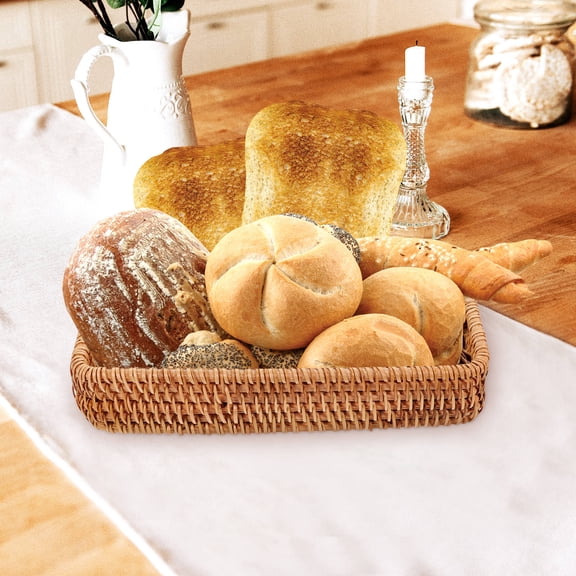 Woven Rattan Fruit Basket and Bread Tray, Wicker Storage Bowl and Serving Basket for Kitchen and Dining