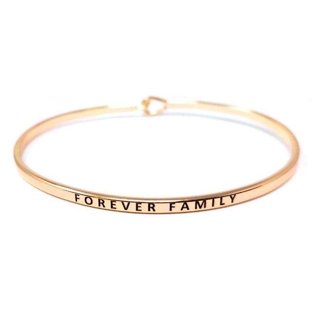 Me Plus Inspirational Forever Family Positive Message Engraved Thin Bangle Hook Bracelet (Rose Gold, Brass)