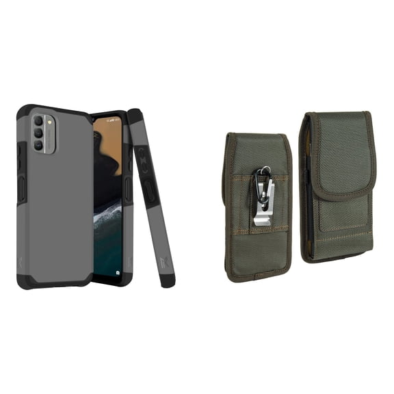 MK Armor Case for Nokia G400 5G and Vertical Nylon Belt Holster (Gray/Green)