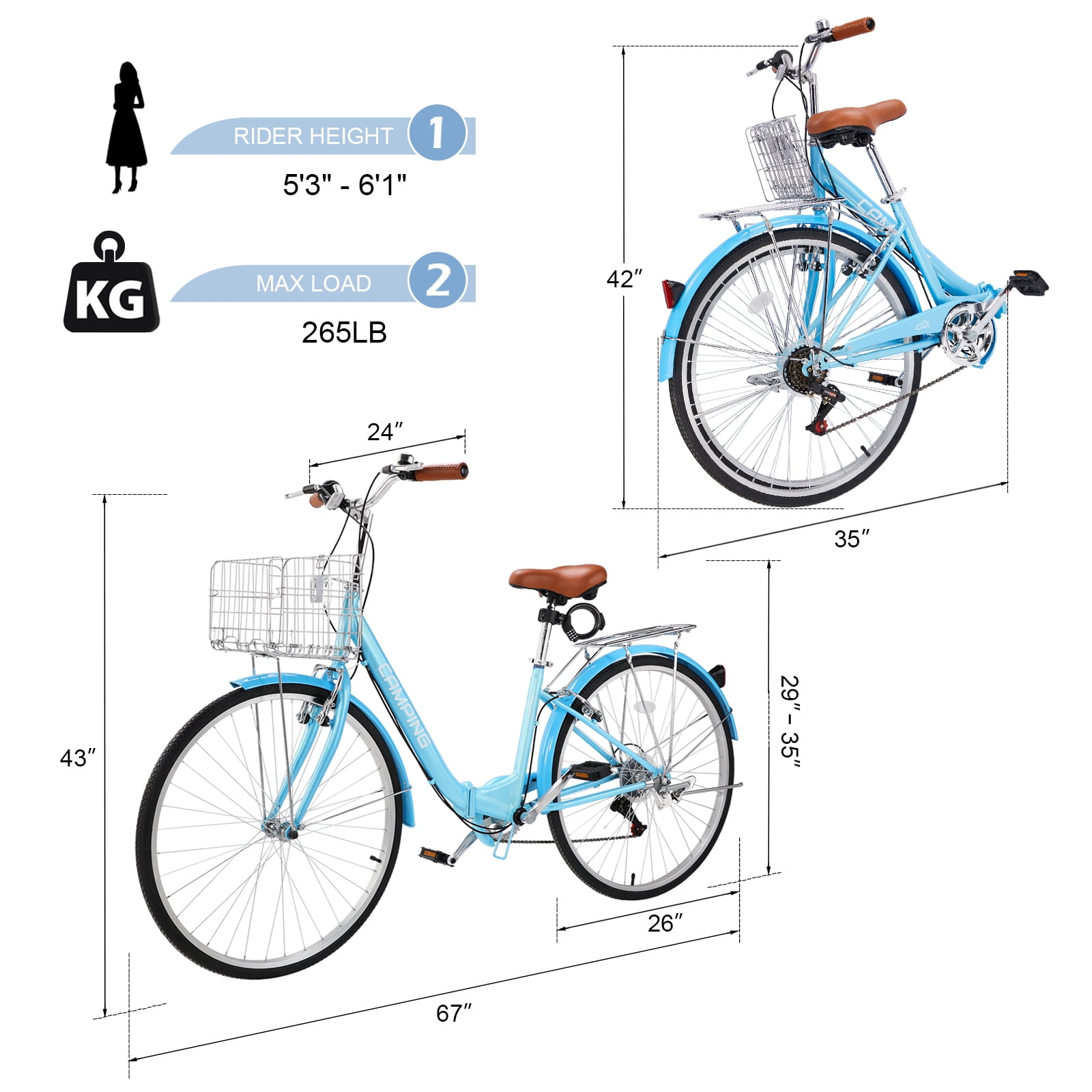 Ktaxon 26in Folding Beach Cruiser Bike for Women, 7-Speed City Commuter Bike with Lock, Basket & Rack, Blue