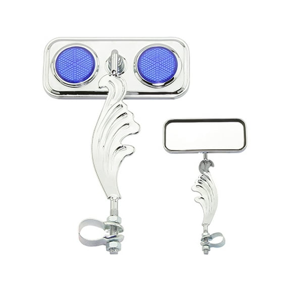 Chrome Rectangle Wing Bike Mirror Left with Blue Reflectors. Bike mirror, bicycle mirror, bike accessory, bicycle accessory.