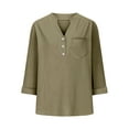 thumbnail image 4 of V-Neck T-Shirts for Women Plus Size Front Button-up 3/4 Sleeve Summer Tops Casual Loose 3 Quarter Length Sleeve Blouses Shirts with Chest Pockets New B-Green-a S, 4 of 7