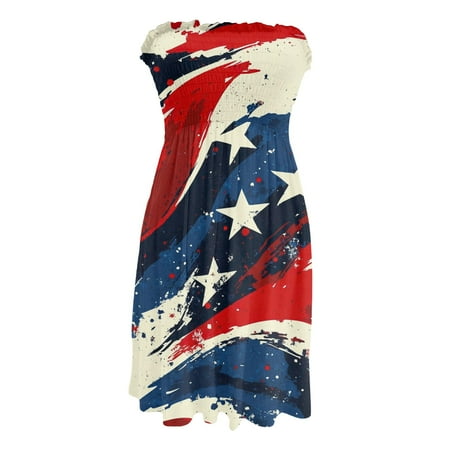CHCNHAC Summer Dresses for Women 2025 Independence Day Elegant Dresses Patriotic Red White and Blue Print Flowy Swing Strapless Prom Party Gown Vermilion M