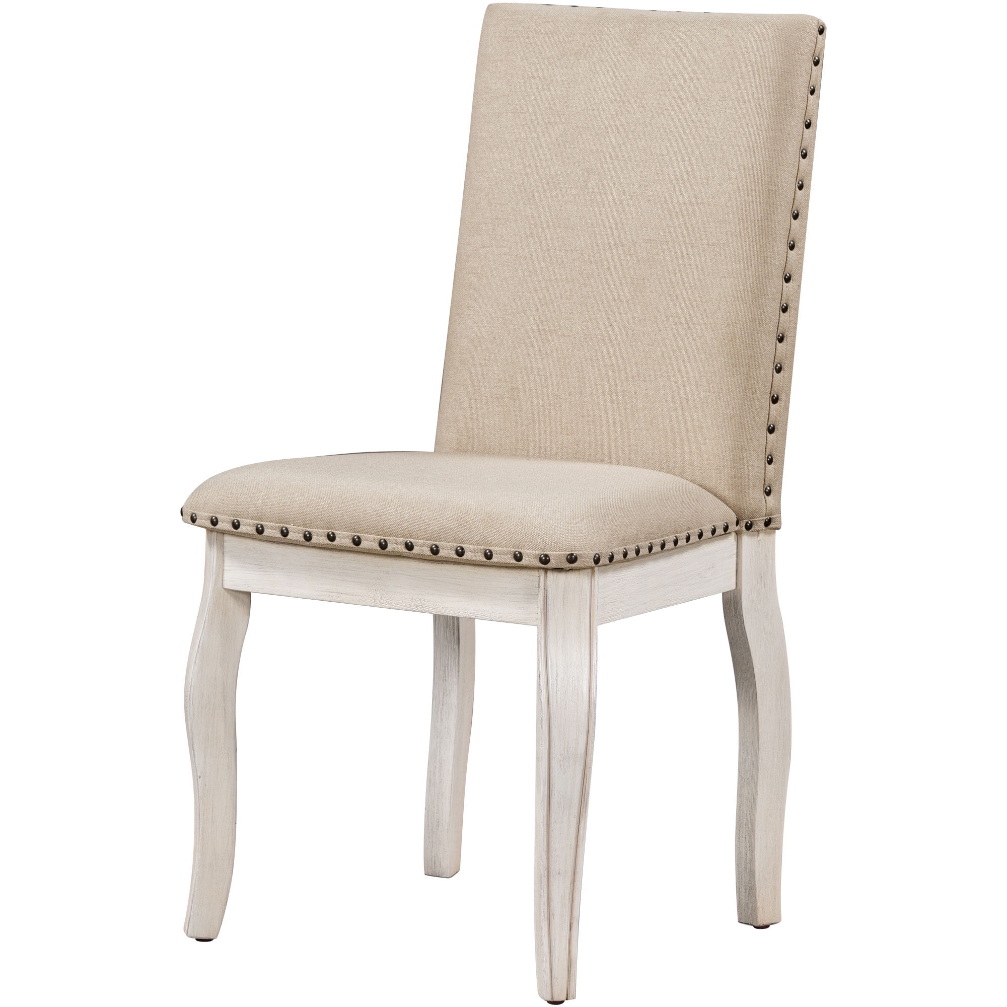 PORKISS Set of 2 Dining Chairs, High Back Upholstered Kitchen Chairs with Solid Wood Frame, Curved Legs and Bronze Nailhead Trim, White
