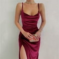 thumbnail image 3 of Women's Spaghetti Straps Sleeveless Solid Velvet Cami Dress Ruched Side Split Bodycon Club Party Midi Dresses, 3 of 5