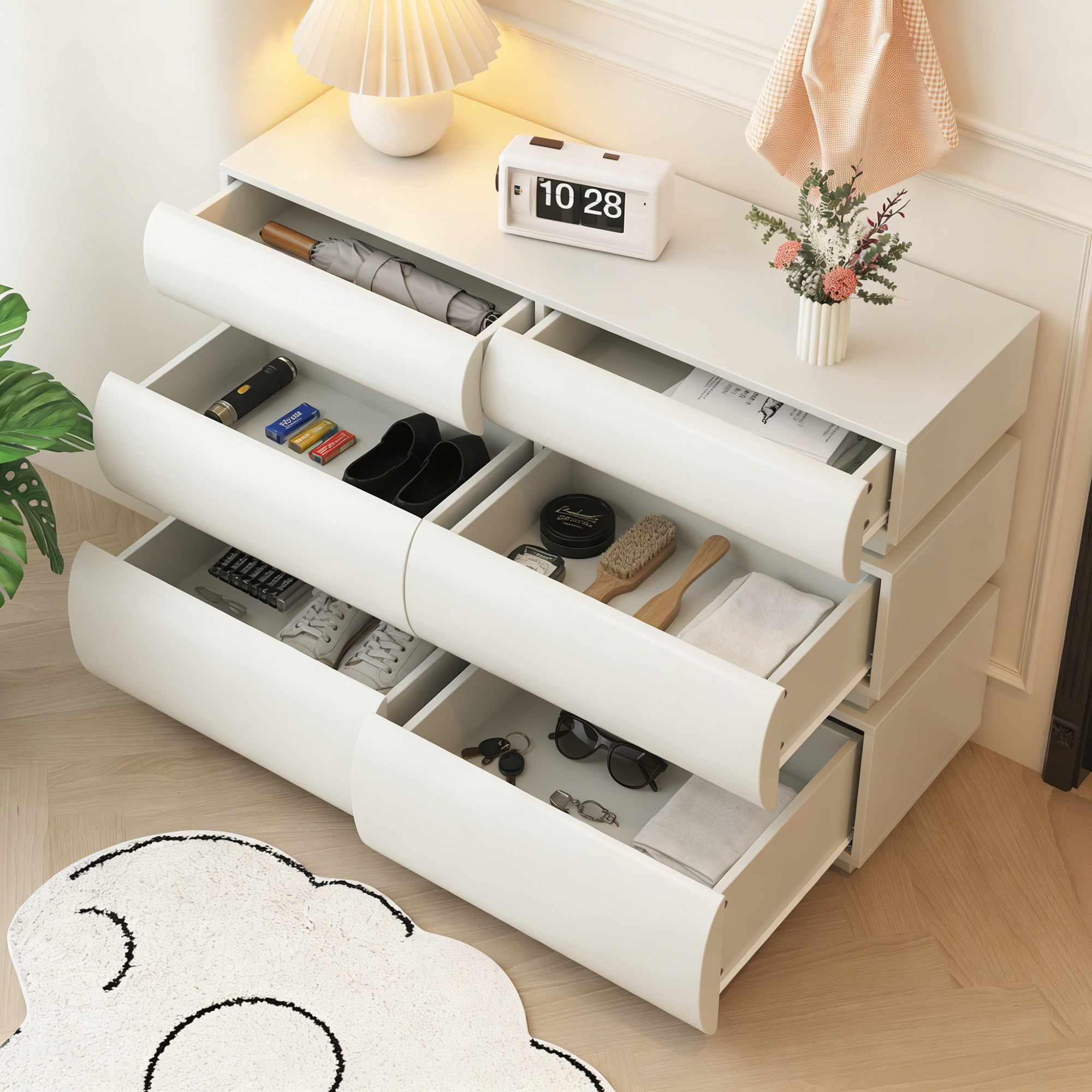 FFZ 6 Drawer Dresser, White Modern No Handle Storage Chest With Wide Space For Bedroom