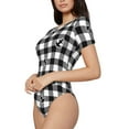 thumbnail image 2 of Haiem Black Tartan Plaid Women's Crew Neck Short Sleeve Bodysuit Tops Stretchy Slim Basic-Small, 2 of 9