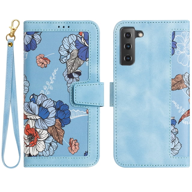 Compatible with Samsung Galaxy S21 FE 5G Vintage Flower Wallet Case Magnetic Closure Cover with Card Slots