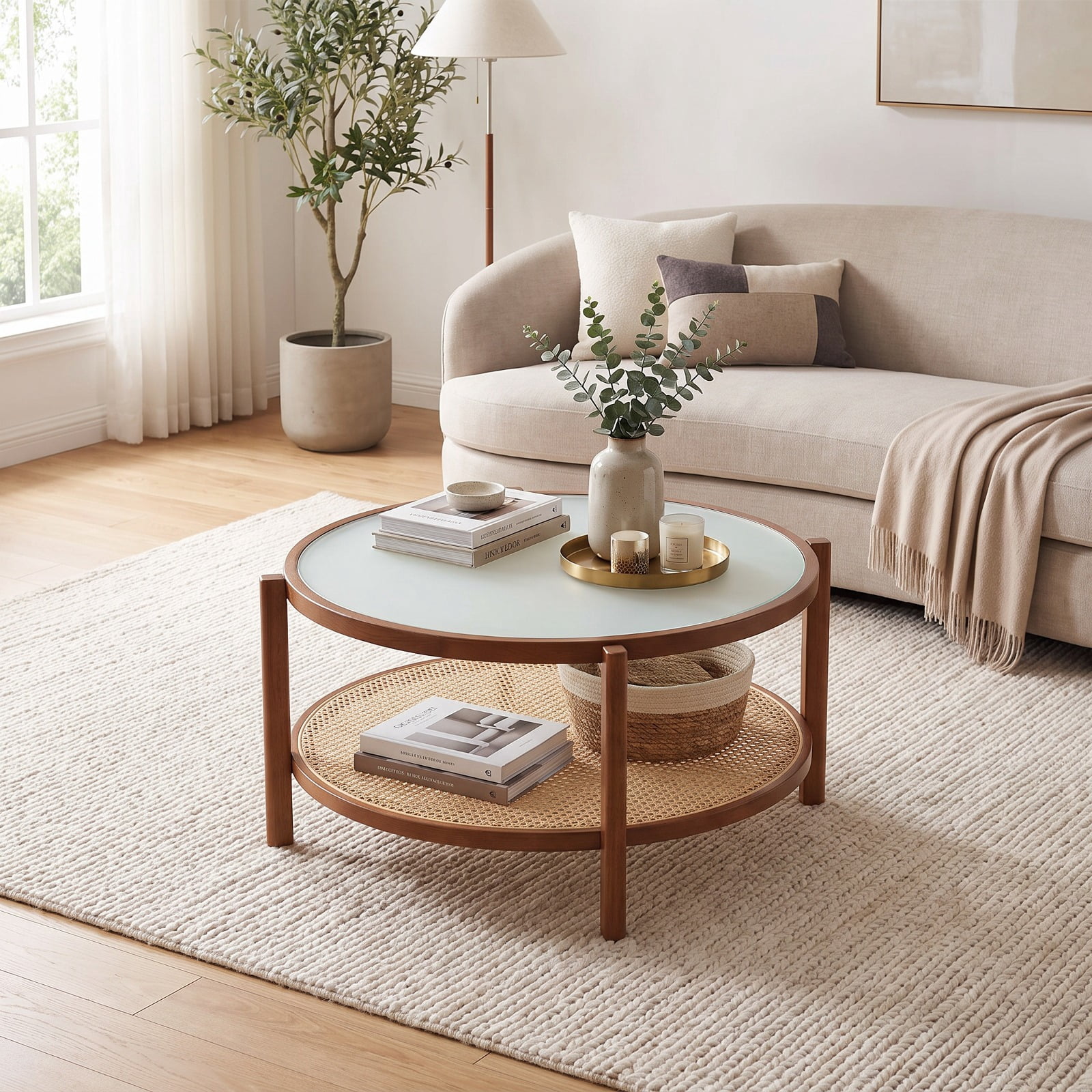 Furnibear 2 Tier Round Rattan Coffee Table with Frosted Tempered Glass Top and Acacia Wood Legs a Boho Living Room Center Table, Walnut
