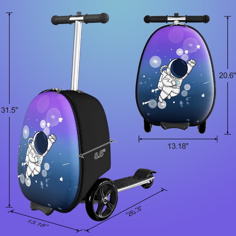 Datingday 2-in-1 Kids Scooter Luggage with LED Light-Up Wheels | Adjustable Handle | Airplane Approved Carry-On for Ages 5-12 | Foldable & Lightweight Travel Suitcase，Blue