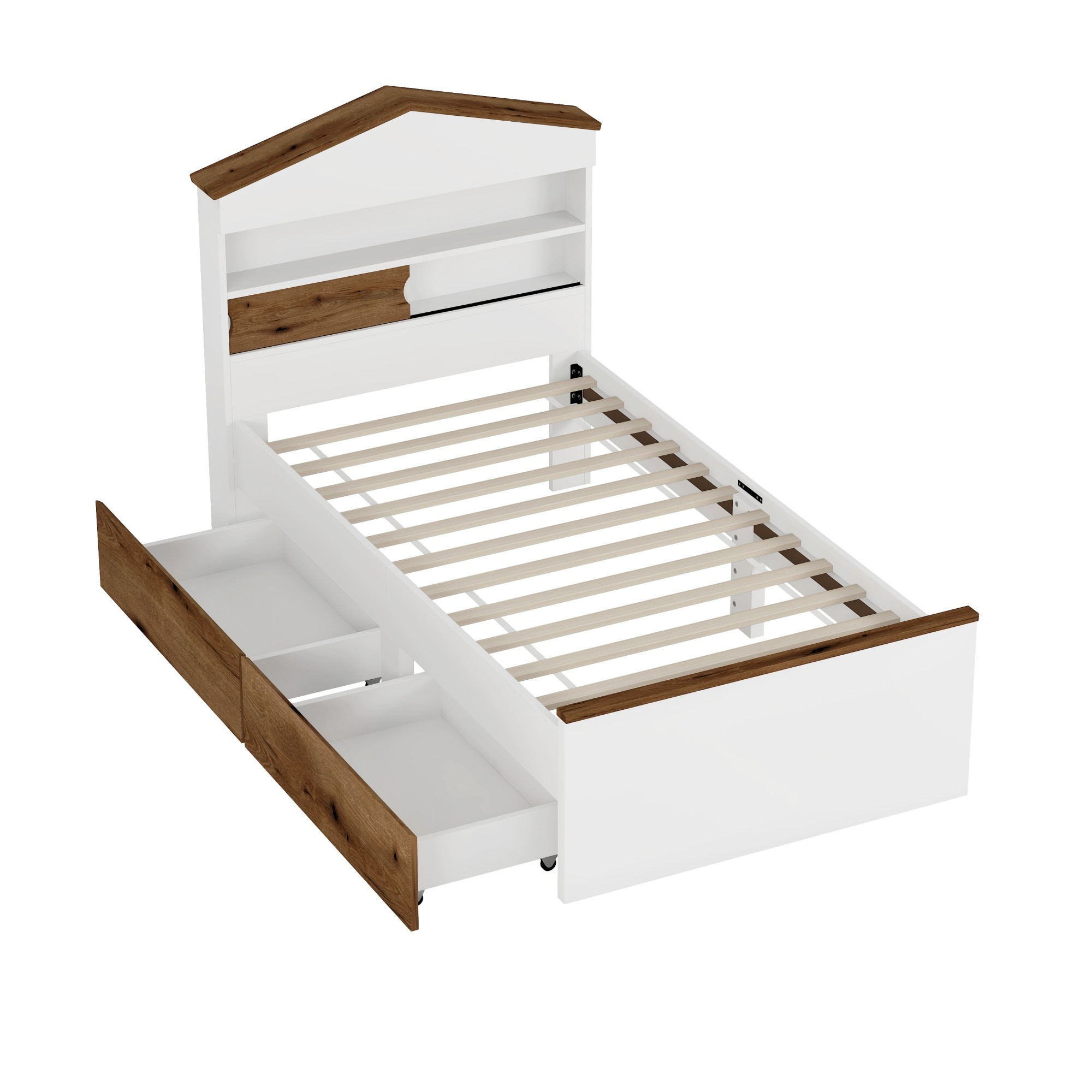 Aukfa Twin Platform Bed with 2 Drawers, House-Shaped Storage Headboard with Shelves for Kids, Brown