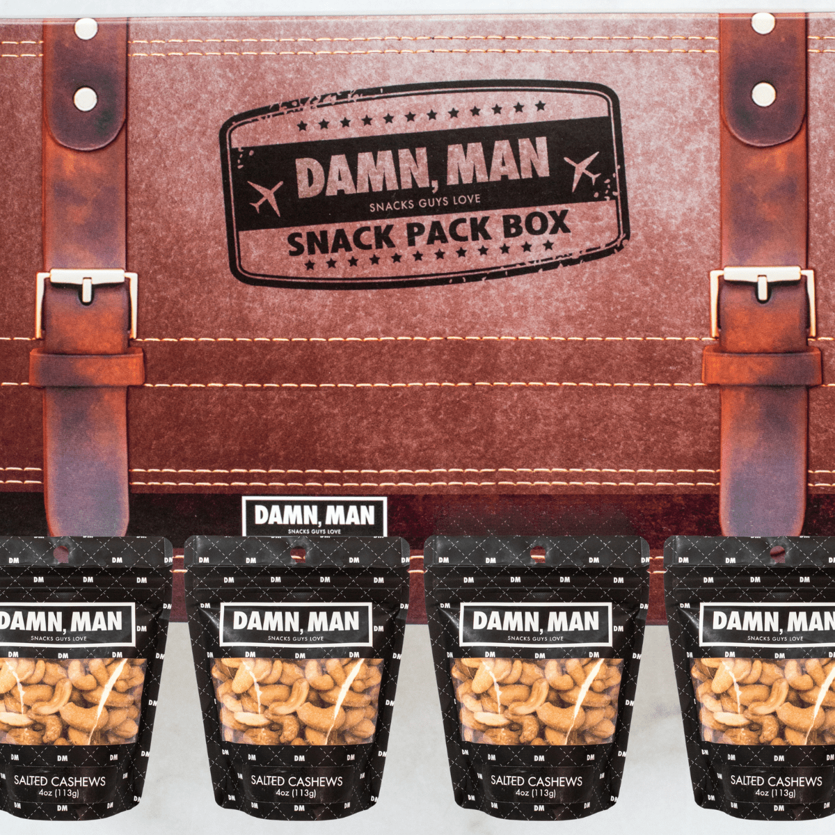 Damn, Man Salted Cashews Snack Pack Gift Box - 4 Bags of Gourmet Roasted Nuts - 1 lb Total