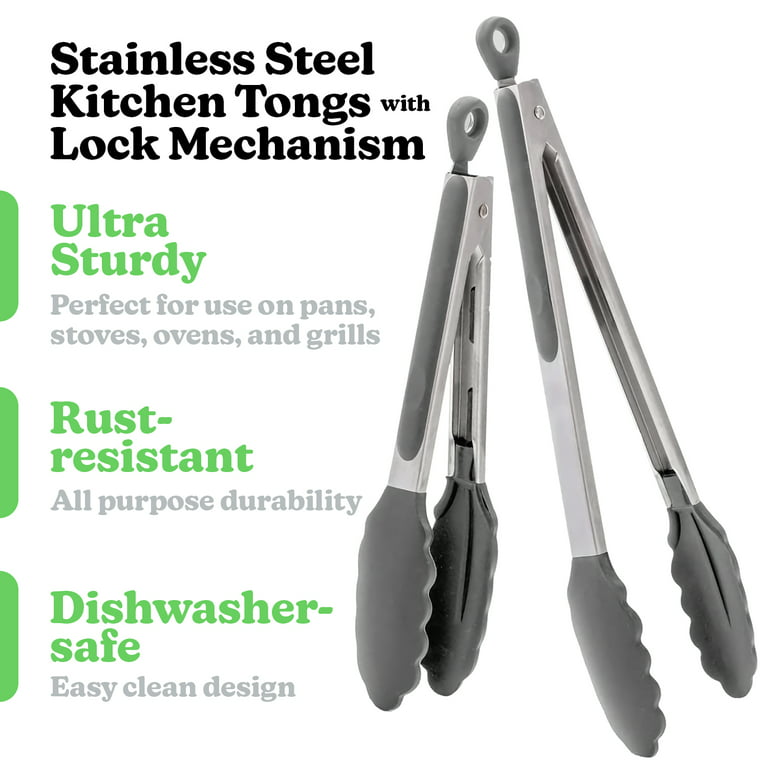12 Stainless Steel Kitchen Tongs with Locking, Metal Food Tongs Non-Slip  Grip