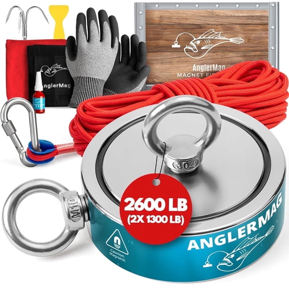 AnglerMag Magnet Fishing Kit - 2600 lbs with Rope, Carabiner, Gloves, Grappling Hook and Carrying Bag, 10-Piece Complete Set