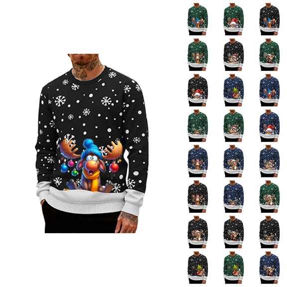 Mens Christmas Sweatshirt Long Sleeve Loose Casual Crewneck Snowflake and Reindeer Print Pullover Sweatshirts