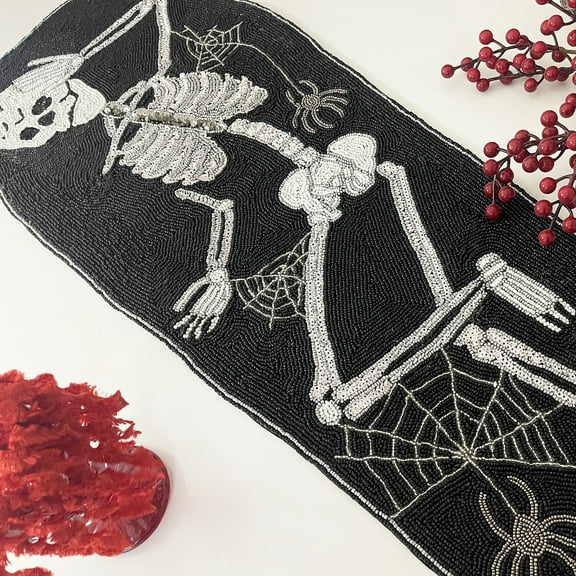 Enliven, Handmade bead table runner, Halloween skull, fall runner