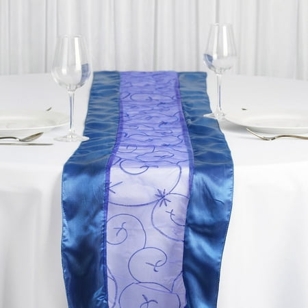 

14 x108 Royal Blue Satin Embroidered Sheer Organza Table Runner - Pack of 1 Runner