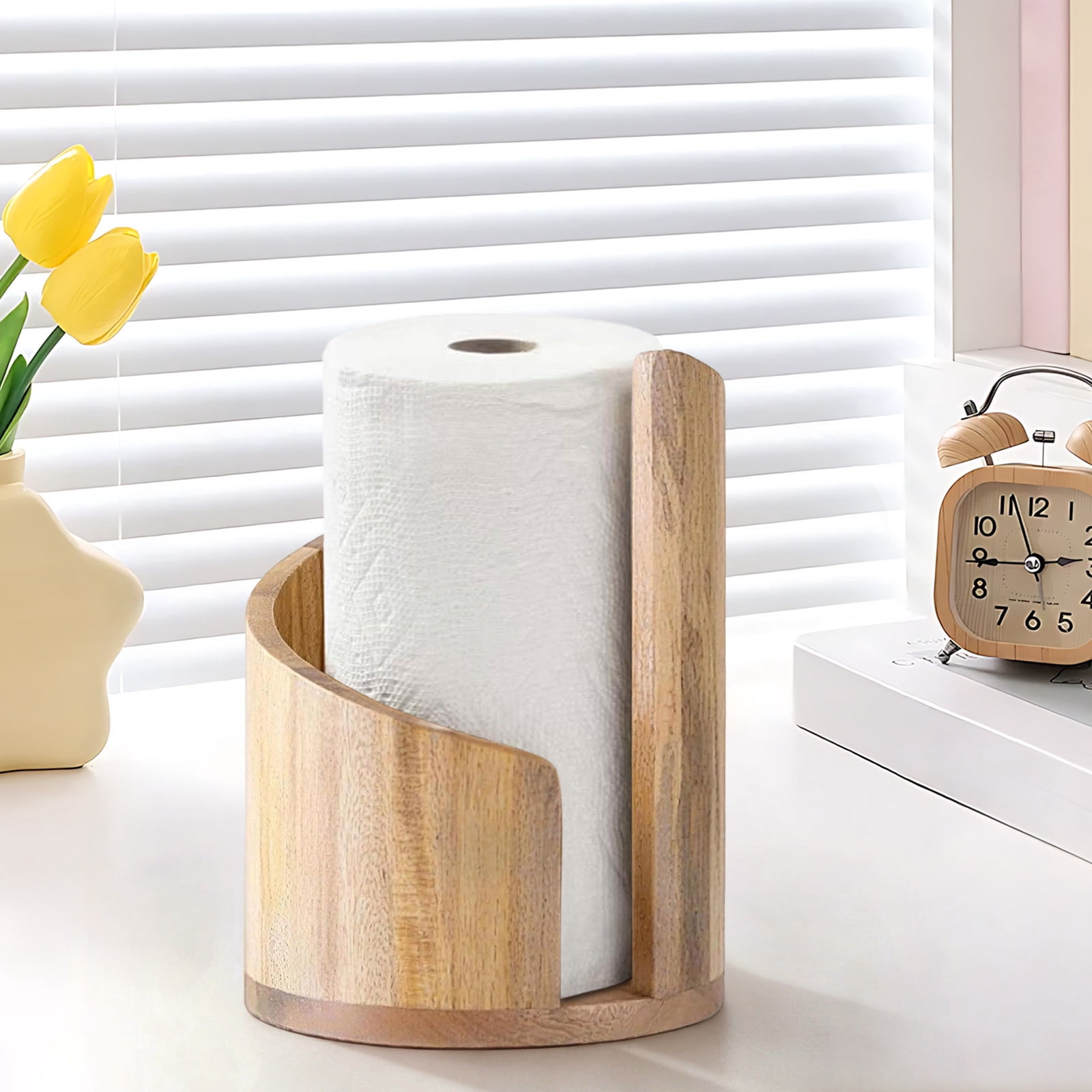 Farmhouse Style Paper Towel Holder Countertop Stand with Wood Base for Kitchen Bathroom, One-Handed Tear Dispenser, Freestanding Roll Holder for Standard and Jumbo Rolls, Rustic Home Decor