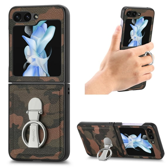 ELEHOLD Case for Samsung Galaxy Z Flip 5 2023,Camouflage Pattern with 360 Rotating Ring Holder Stand Slim Shockproof Rugged PU Leather Protective Case for Samsung Galaxy Z Flip 5 - Brown