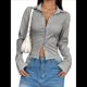 thumbnail image 3 of Camisa Corta A Rayas con Botones para Mujer, Blusa Ajustada de Larga, Camisa de Trabajo Gris L, 3 of 9