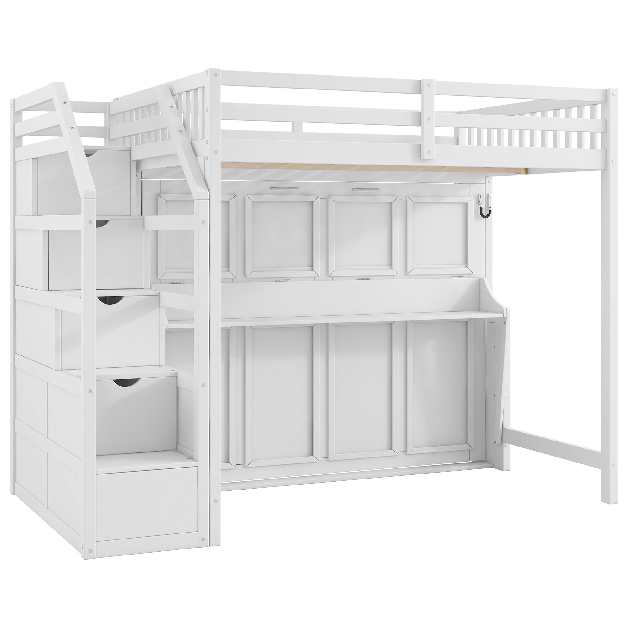 Euroco Wood Full XL Loft Bed with Storage Staircase, Full Murphy Bed with Desk and LED Light, Convertible Bunk Bed, White