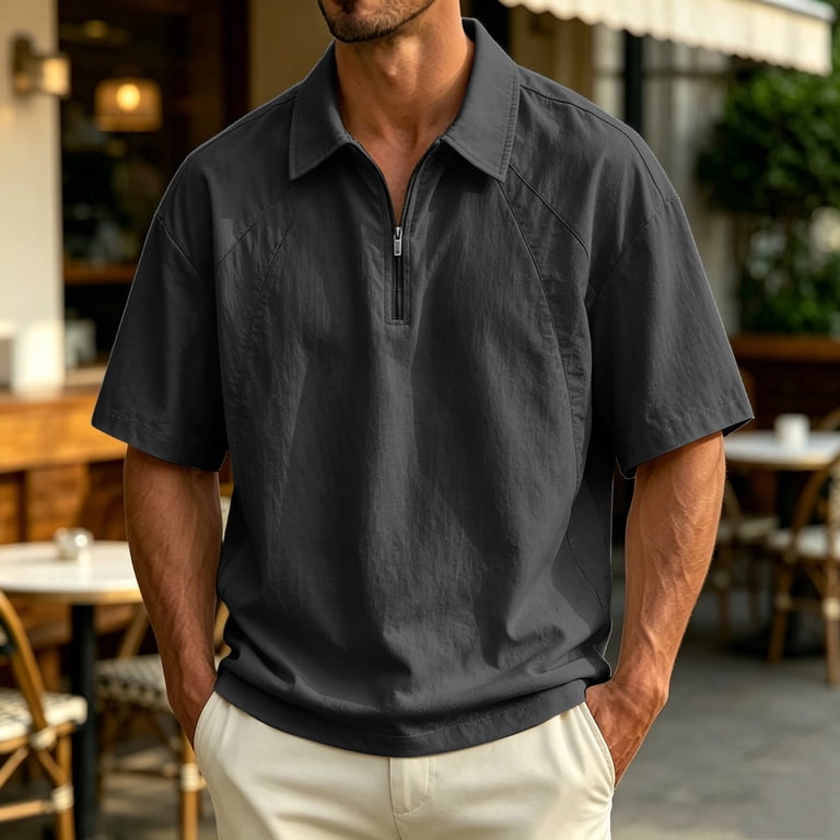 stein Polo Half Sleeve Shirt　黒 Ceisia Men's Half Zip Polo Shirt Short Sleeve Loose Fit Casual