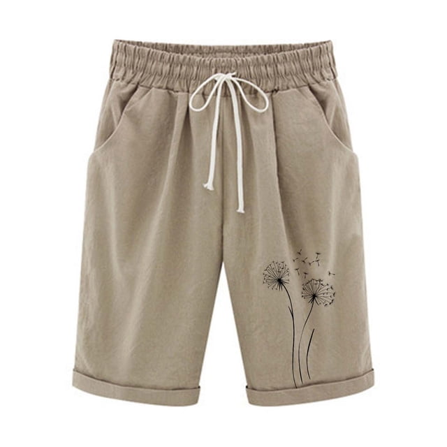 Pantalones Elásticos de la Cintura para las Mujeres Impresos Medias Pantalones Cortos, Bolsillos Casuales Poliéster para Toda la Temporada