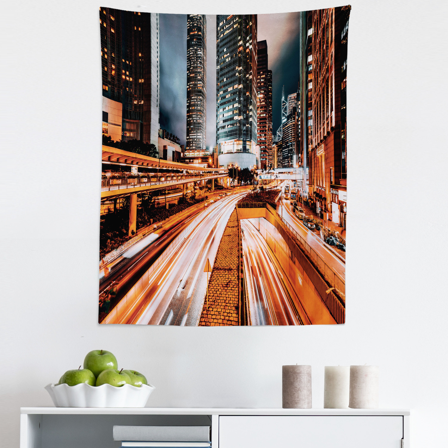 City Tapestry, Modern Urban Photography Art Print of Hong Kong Skyline Night Road, Fabric Wall 