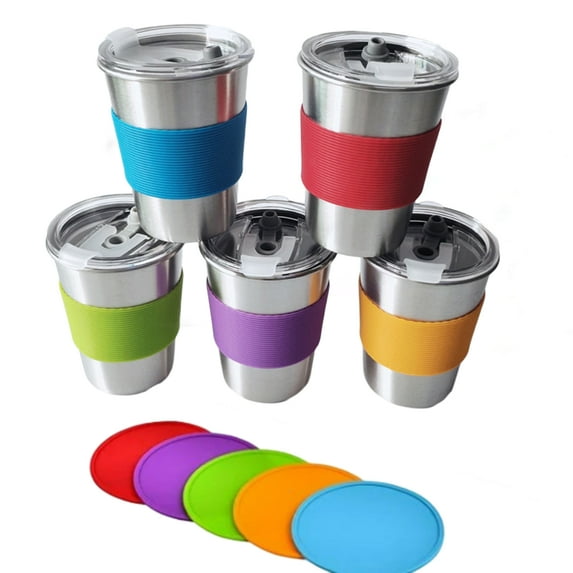 FNNMNNR Spill Proof 5 Pack 12oz Stainless Steel Tumblers with Coasters, Unbreakable Water Cups, BPA Free Metal Cup for Toddlers Kids Adults Indoor Outdoor(Plastic lid + coaster)