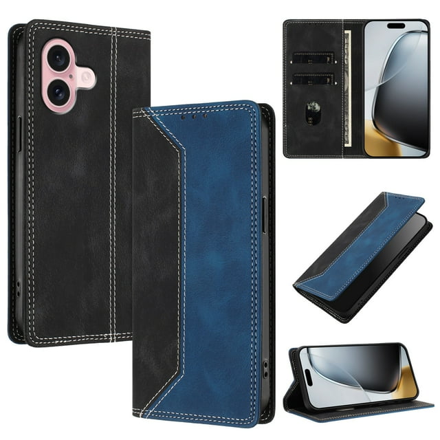 Funda FOXDOCK para iPhone 16 Plus de Cuero Premium Bicolor con Ranuras RFID, Carcasa Tipo Billetera Antigolpes y Soporte Plegable