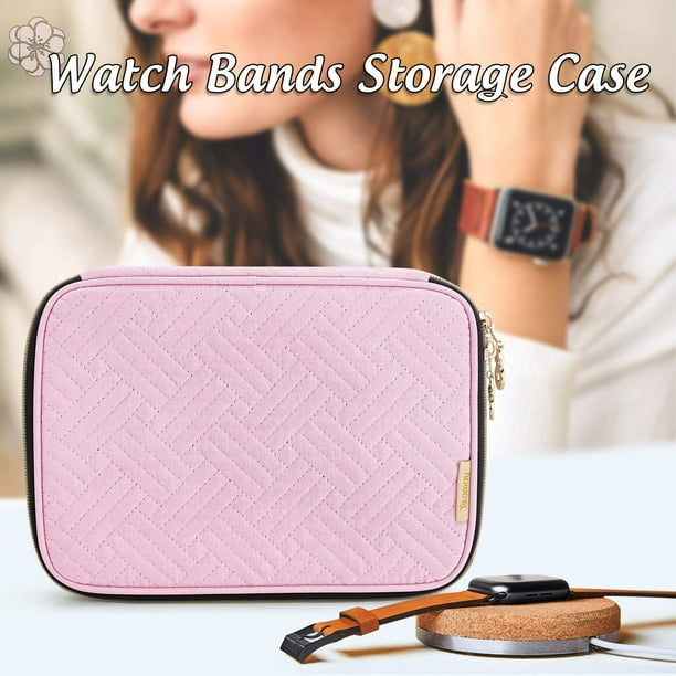 Iguohao Watch Band Storage Case Holds 12 Watch Straps Travel Organizer Bag Compatible For All Series Apple Watch Bands Pink