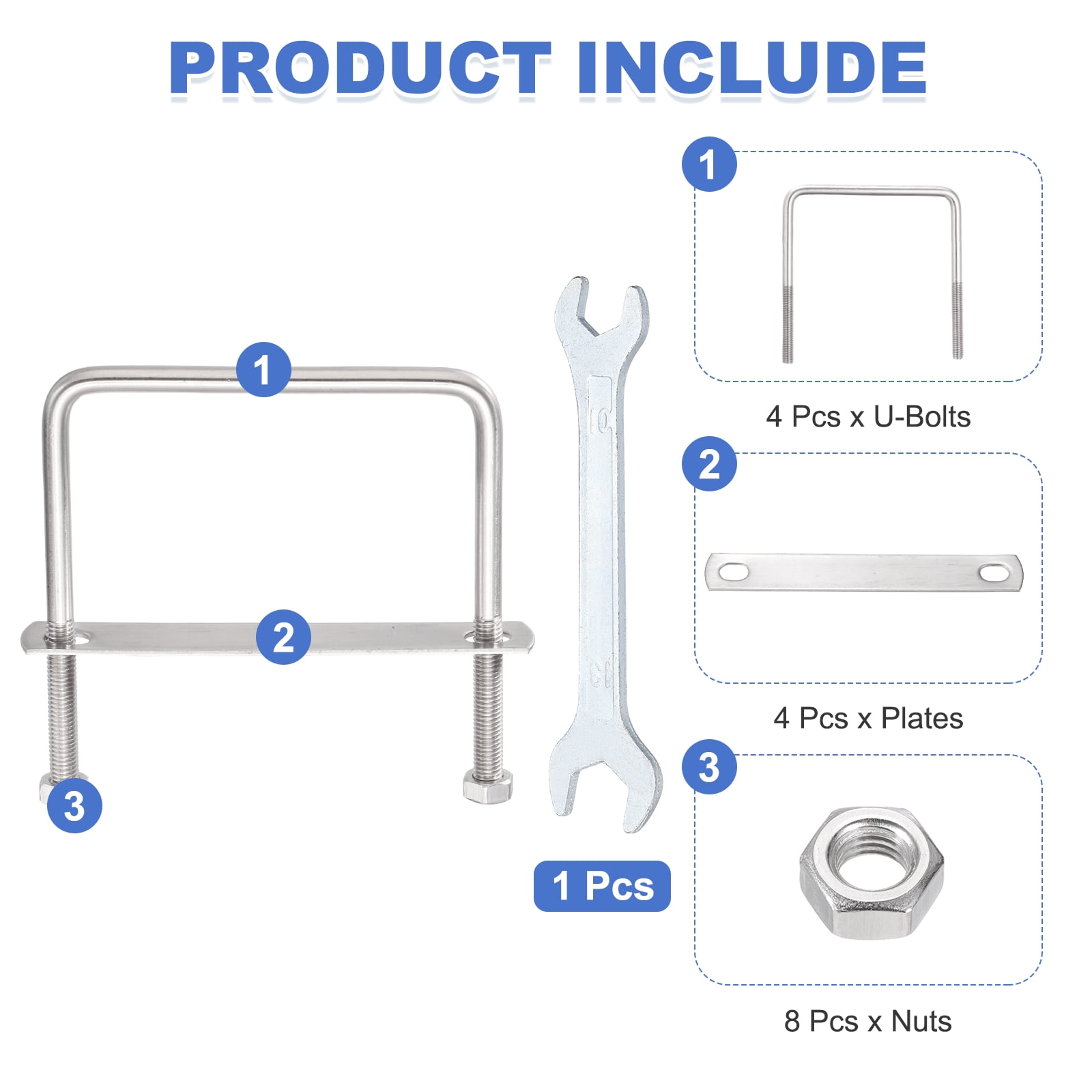 Uxcell 4 Sets M8 Square U-Bolts, 3.98" Inner Width 3.94" Length 304 Stainless Steel U Clamp Bolts with Nuts, Plates and Wrench