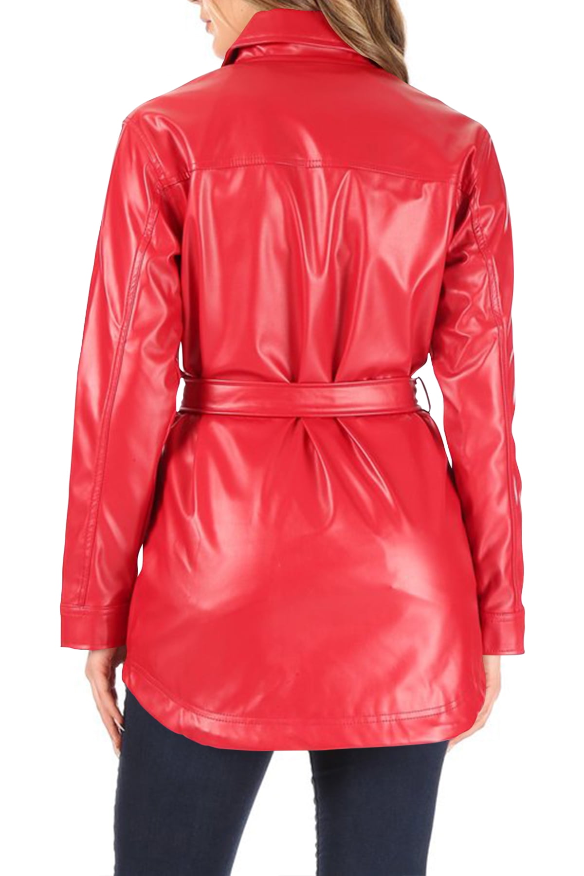 Women's Long Sleeve Button Front Waist Belted Faux Leather Coat Jacket