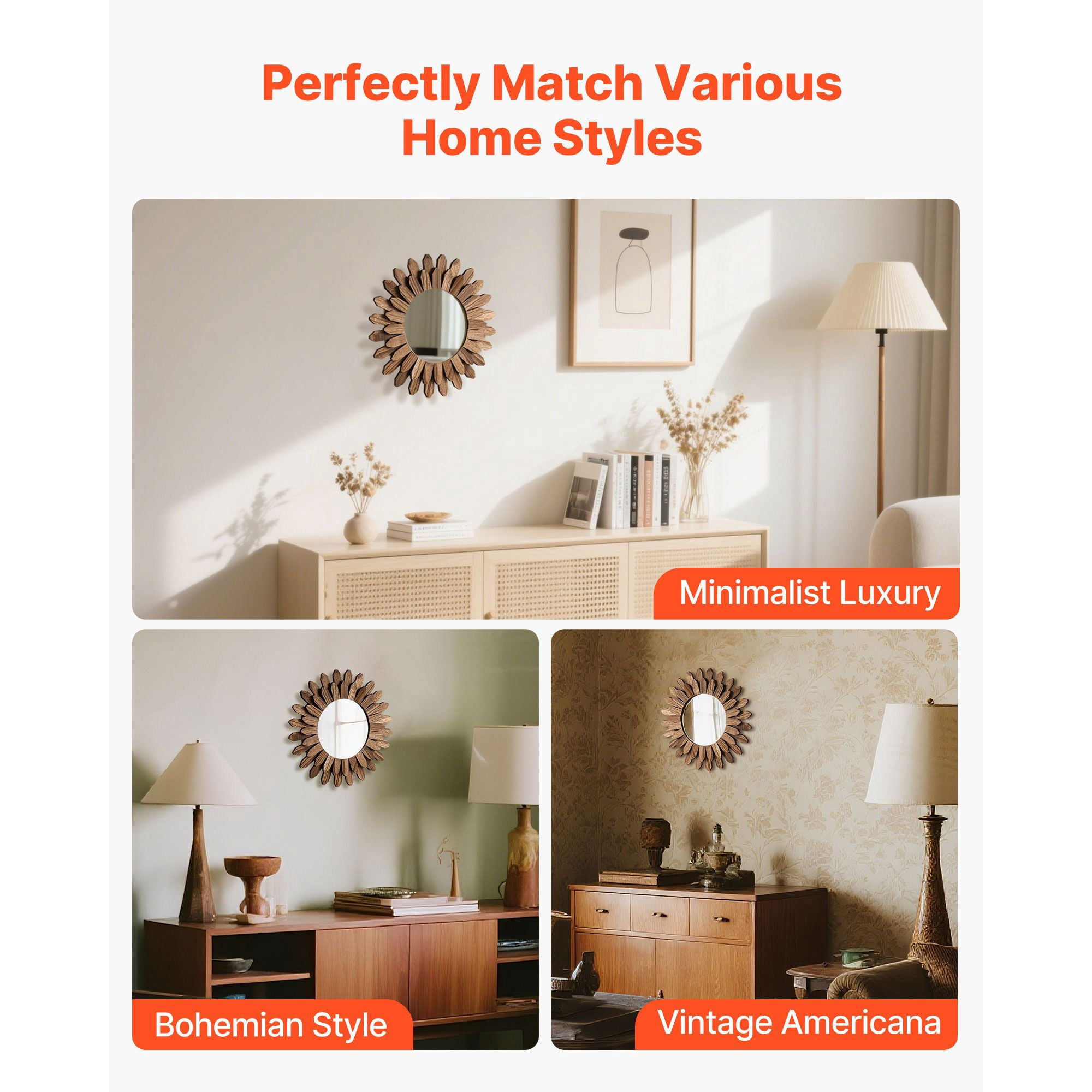 12-Inch Decorative Wall Mirror, Vintage Elegant Bohemian Retro Design, Round Accent Mirror for Bedroom Living Room Entryway Home Wall Decor