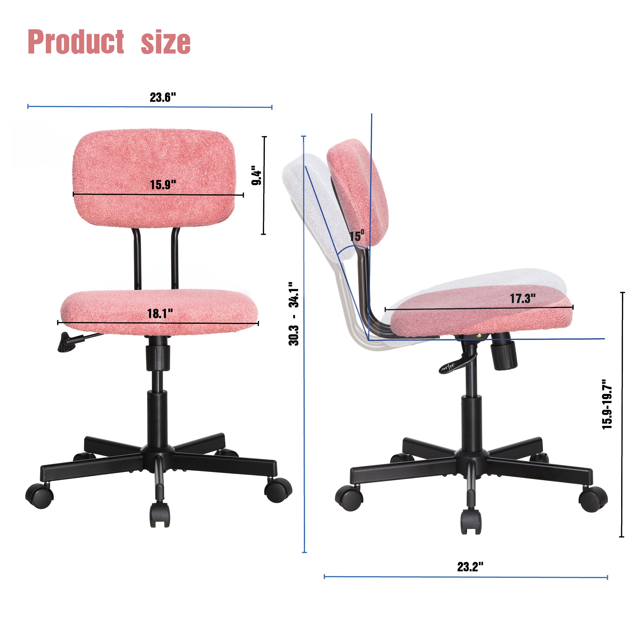 JJS Low Back Velvet Fabric Armless Home Office Computer Chair in Pink