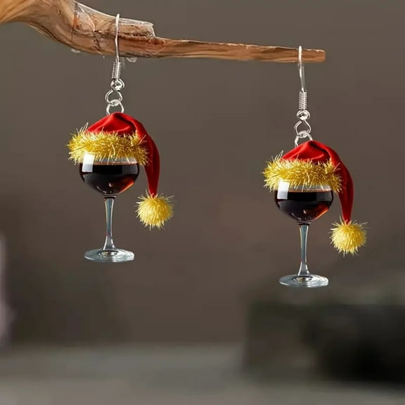 KAKA ‌2025 Christmas Wine Glass Earrings with Santa Hats - Fun Acrylic Dangle Earrings for Women, Holiday Party Jewelry, Xmas Tree & New Year Festive Accessories (1 Pair)