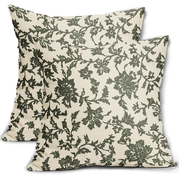 Olive Green Floral Block Print Pillow Covers 18x18 Set of 2 Spring Vintage Flower Pattern Cream Decorative Throw Pillowcases Outdoor Rustic Farmhouse Square Cushion Cases Couch Sofa Bed Decor