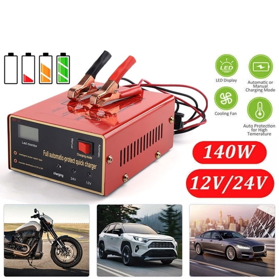 Smart 12V/24V 10A Battery Charger with LED Display, 140W Maintenance Free Automatic Charger for Car Auto Truck Motorcycle Lead Acid Lithium Battery