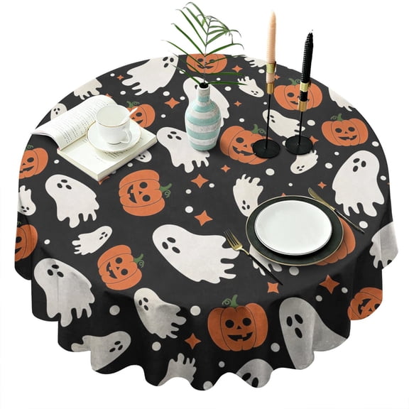 Halloween Themed Round Tablecloth 60 Inch - Waterproof Washable Scary Witch Black Cat Skeleton Pattern